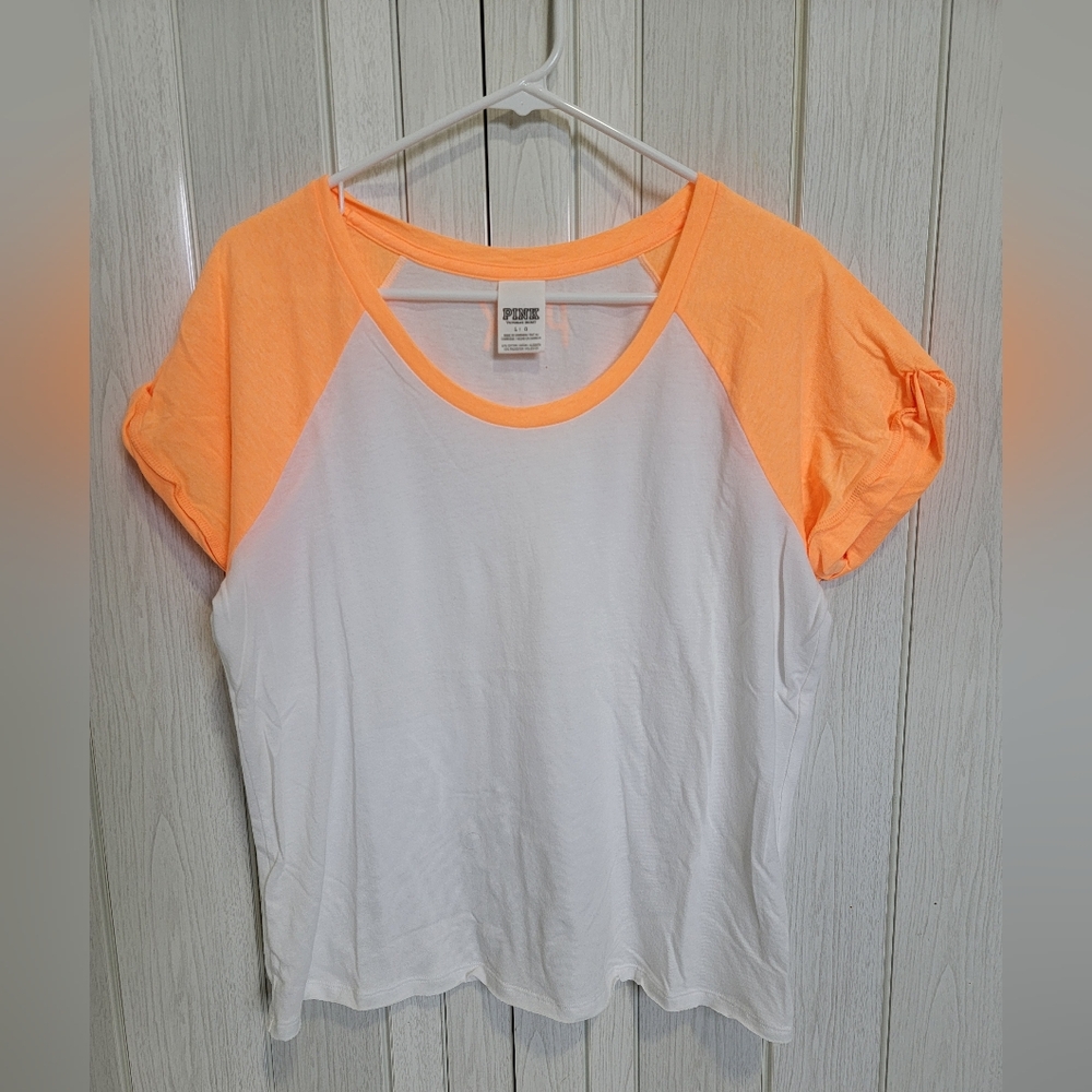 PINK - Victoria's Secret White And Electric Orange Raglan Sleeve Top